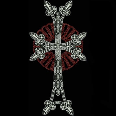An embroidery design of an ornate cross featuring decorative elements and intricate detailing.
