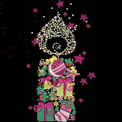 An embroidery design of a festive arrangement featuring colorful gifts, ornaments, and decorative elements, topped with a whimsical starry swirl.