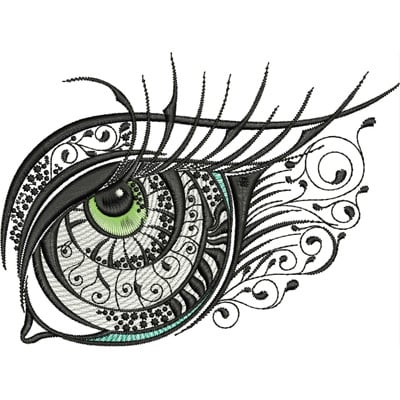 An embroidery design of a stylized eye featuring intricate swirls, detailed eyelashes, and a vibrant green iris.