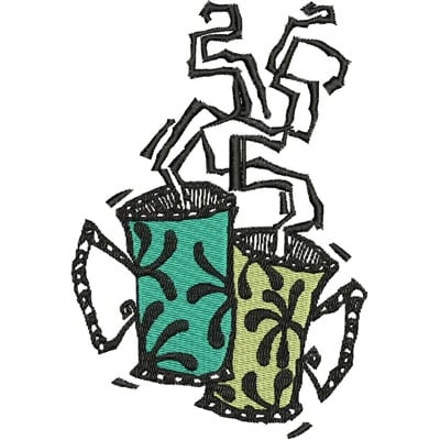 An embroidery design of two decorative cups with swirling steam rising from each, featuring intricate patterns in teal and green.