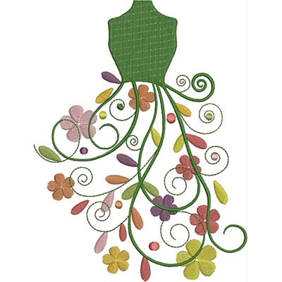 An embroidery design of a dress form adorned with flowing vines and colorful flowers.