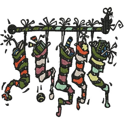 An embroidery design of five colorful, striped stockings hanging from a decorative line, each with playful embellishments.