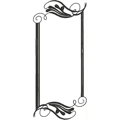 An embroidery design of an elegant, ornate frame with flowing lines and decorative curls at the corners.