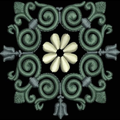 An embroidery design of a symmetrical floral motif featuring green swirls and a central cream-colored flower.