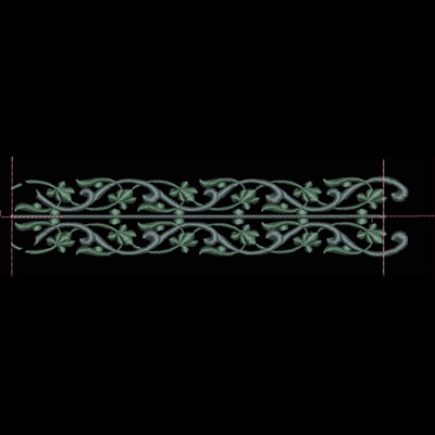 An embroidery design of intertwining green vines accented with leaves.