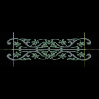 An embroidery design of an intricate vine pattern featuring leaves and swirls, elegantly arranged in a horizontal layout.