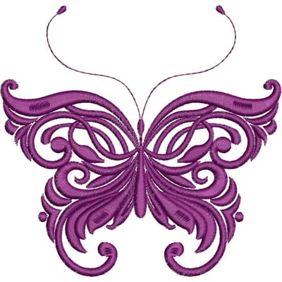 An embroidery design of an elegantly detailed purple butterfly with intricate swirls and patterns in its wings.