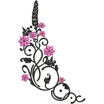 An embroidery design of an elegant floral arrangement featuring pink flowers and intricate swirling vines.