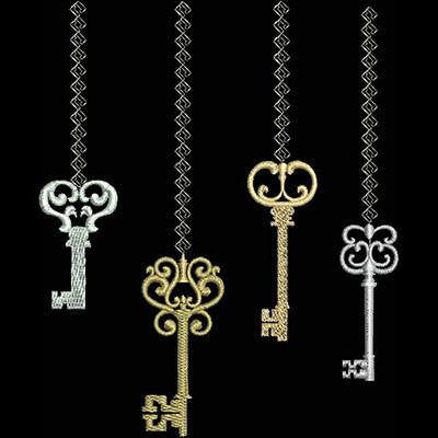An embroidery design of four intricately detailed vintage keys hanging from decorative threads.