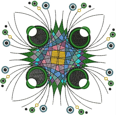 An embroidery design of a vibrant geometric pattern featuring circular motifs and intricate detailing in various colors, radiating a sense of movement.