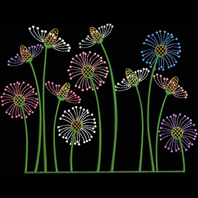 An embroidery design of colorful flowers with delicate petals and butterfly accents, arranged in a playful composition.