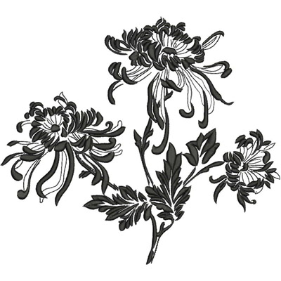 An embroidery design of intricate black floral motifs featuring blooming chrysanthemums and leafy accents.