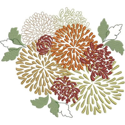 An embroidery design of vibrant chrysanthemums in various colors, surrounded by green leaves, showcasing a beautiful floral arrangement.