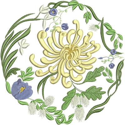 An embroidery design of a circular floral arrangement featuring a central yellow chrysanthemum surrounded by delicate green leaves and blue flowers.