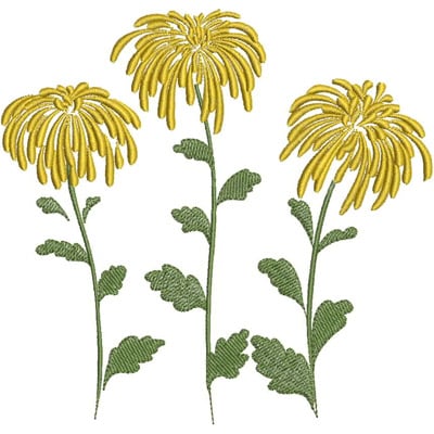 An embroidery design of three vibrant yellow chrysanthemum flowers with green leaves.