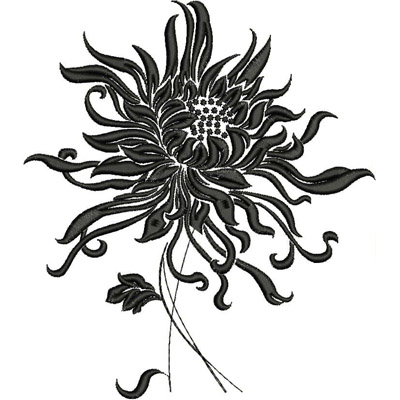An embroidery design of a stylized black flower with flowing petals and intricate detailing at its center.