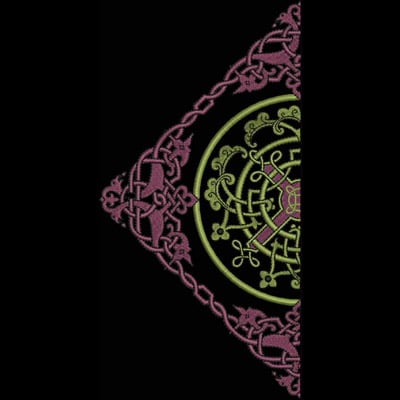 An embroidery design of an intricate circular pattern surrounded by detailed Celtic knot work in shades of green and burgundy.