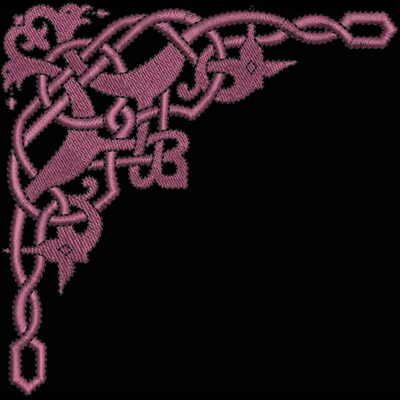 An embroidery design of intricate Celtic knots and motifs in a pink shade, forming a decorative corner element.