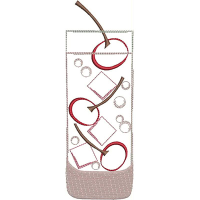 An embroidery design of a tall glass filled with cherries, ice cubes, and bubbles, topped with a straw.
