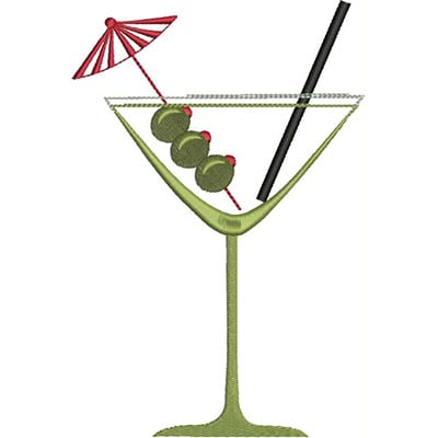An embroidery design of a cocktail glass featuring green olives, a red umbrella, and a black straw.