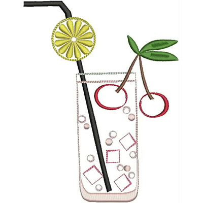 An embroidery design of a refreshing drink in a tall glass, garnished with a lime slice and cherries, complete with a black straw.