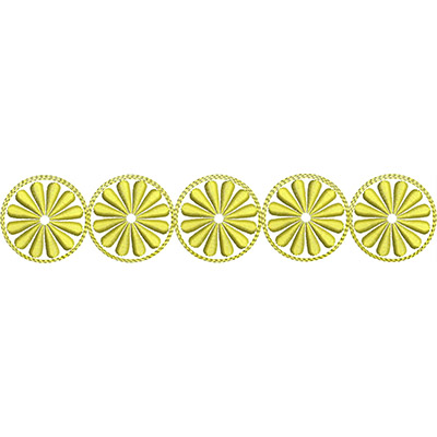 An embroidery design of a series of five circular motifs, each featuring raised petals and a central detail, all in a vibrant shade of yellow.