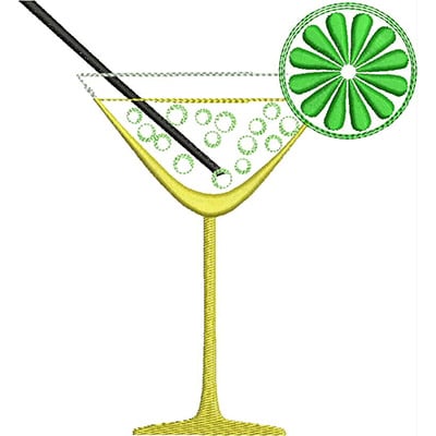An embroidery design of a cocktail glass with bubbles, a black straw, and a lime wedge.