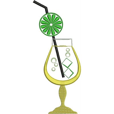 An embroidery design of a colorful cocktail glass featuring a lime garnish, a straw, and bubbles.