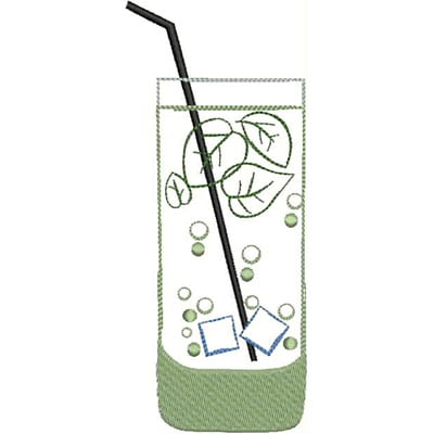 An embroidery design of a refreshing drink in a glass, featuring leaves, bubbles, and a straw.
