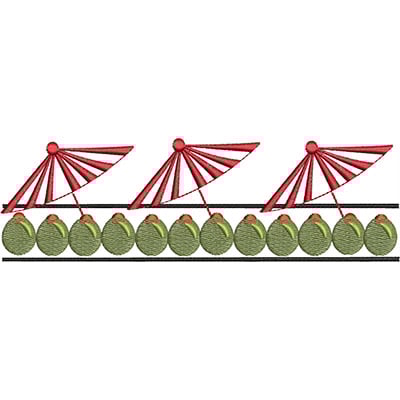 An embroidery design of three red-striped umbrellas atop a row of green circular shapes.