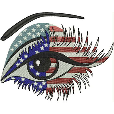 An embroidery design of an eye featuring patriotic elements with a stars and stripes motif in vibrant colors.