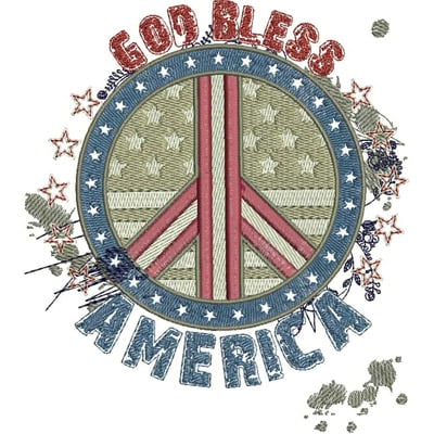 An embroidery design of a circular peace symbol featuring a striped pattern in red and blue, surrounded by the words "God Bless America" in decorative lettering.