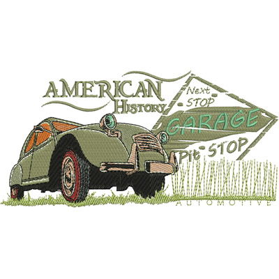 An embroidery design of a vintage car alongside text elements indicating "American History," "Garage," and "Pit Stop."