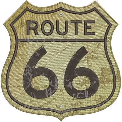 An embroidery design of a vintage-style Route 66 highway sign featuring prominently styled numbers and lettering on a textured background.