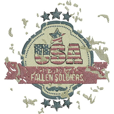 An embroidery design of a circular badge featuring the text "USA" with a patriotic flag motif and a banner that reads "In Honor of Fallen Soldiers."