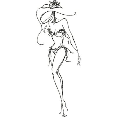 An embroidery design of a stylized female figure in a bikini wearing a large sunhat adorned with flowers.