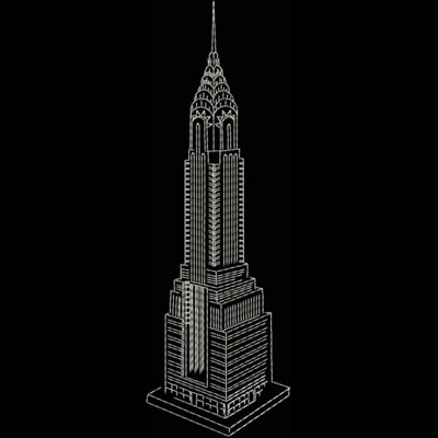An embroidery design of the iconic Chrysler Building featuring its distinctive Art Deco architecture and spire.