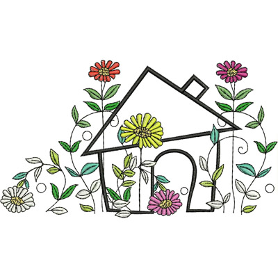An embroidery design of a charming house surrounded by colorful flowers and foliage.