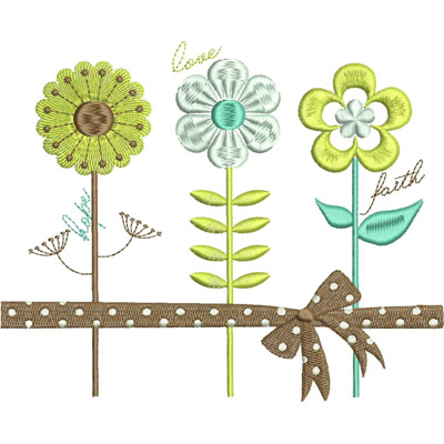 An embroidery design of three colorful flowers labeled "Hope," "Love," and "Faith," adorned with a decorative ribbon at the base.
