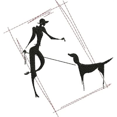An embroidery design of a stylized figure walking a dog, capturing a playful and elegant interaction between the two.