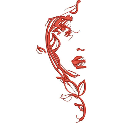 An embroidery design of a stylized face intertwined with flowing red lines and leaves.