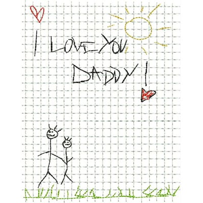 An embroidery design of a handwritten message that reads "I LOVE YOU DADDY!" accompanied by simple stick figures and hearts in vibrant colors.