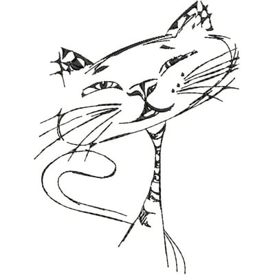 An embroidery design of a whimsical cat with a playful expression and stylish lines.