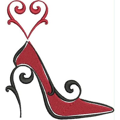 An embroidery design of a stylish red high-heeled shoe with elegant swirls and a heart motif above it.