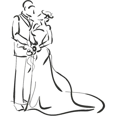 An embroidery design of a couple embracing, with the bride in a flowing gown and the groom in a suit, capturing a moment of romance.
