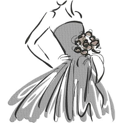 An embroidery design of a stylized dress with a fitted bodice and a flowing skirt, accented by a bouquet of flowers.