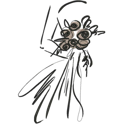 An embroidery design of an elegant, abstract bouquet featuring swirling shapes and muted tones.