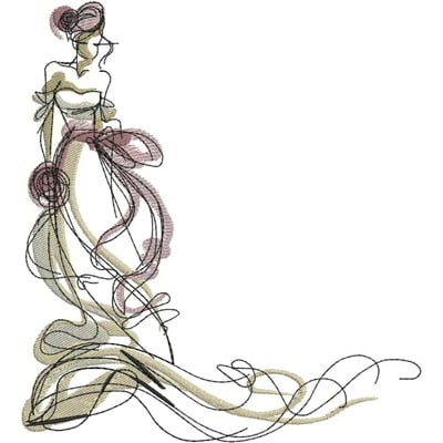 An embroidery design of a graceful figure in a flowing gown with an intricate hairstyle and a ribbon accent.