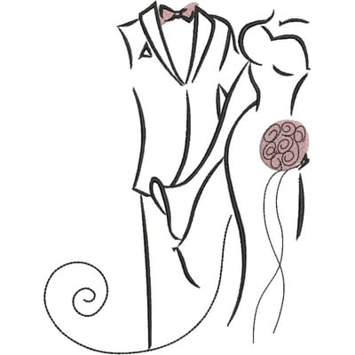 An embroidery design of a stylized bride and groom in formal attire, depicting graceful lines and delicate details.