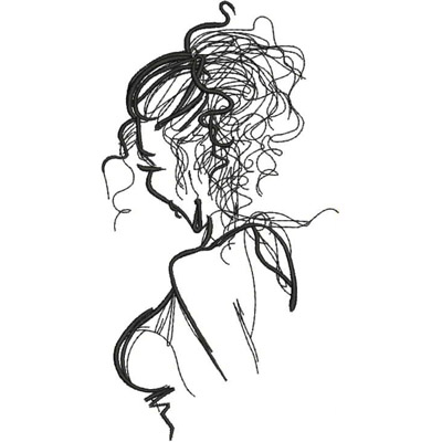 An embroidery design of a stylized silhouette of a woman with curly hair depicted in a flowing line art style.